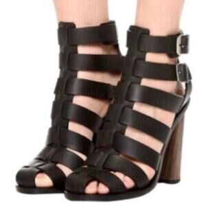 Vince Sandals Caged Strappy Nicolette Womens 5.5M Black Leather Block High Heel